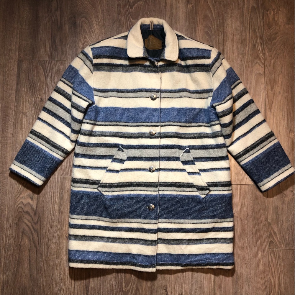 Vintage Woolrich Blue & Cream Striped Wool/Mohair Coat